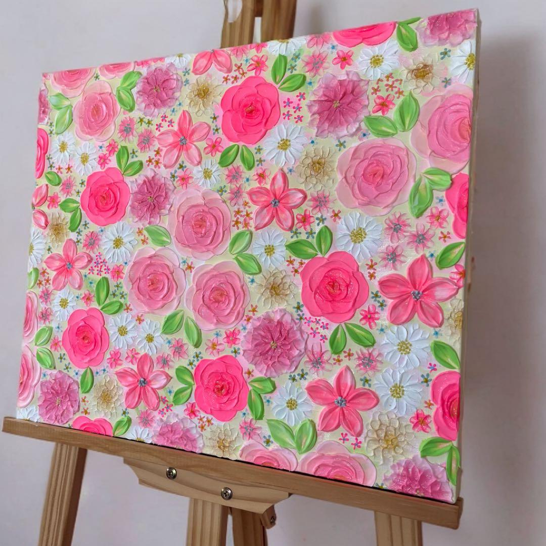 花柄 絵画 テクスチャーアート フラワーアート フランフラン　ピンクインテリア