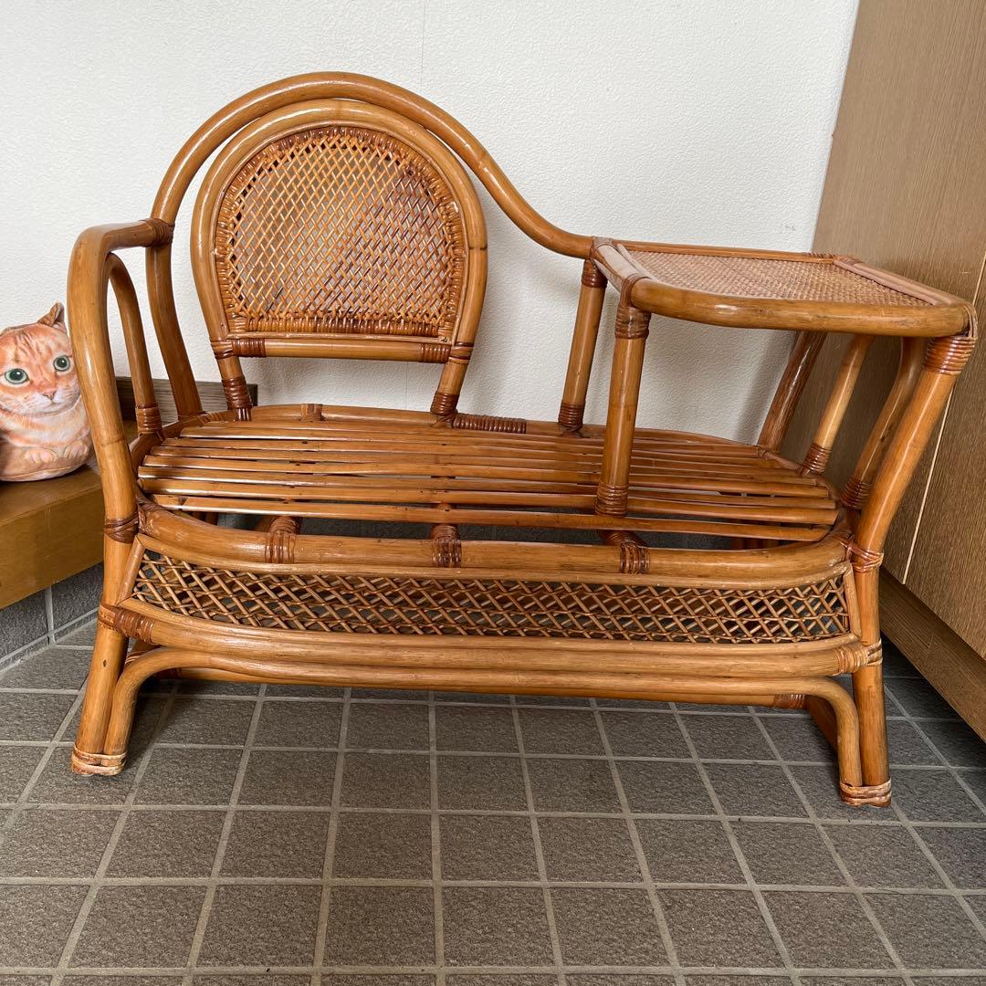 昭和レトロ 藤 アンティーク ラタン サイドテーブル付チェア 椅子