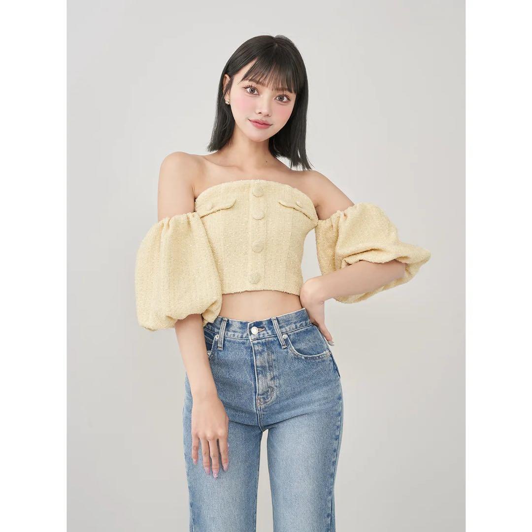 新品タグ付 ダーリッチ イエロー ホルターネックオフショルツイードトップス