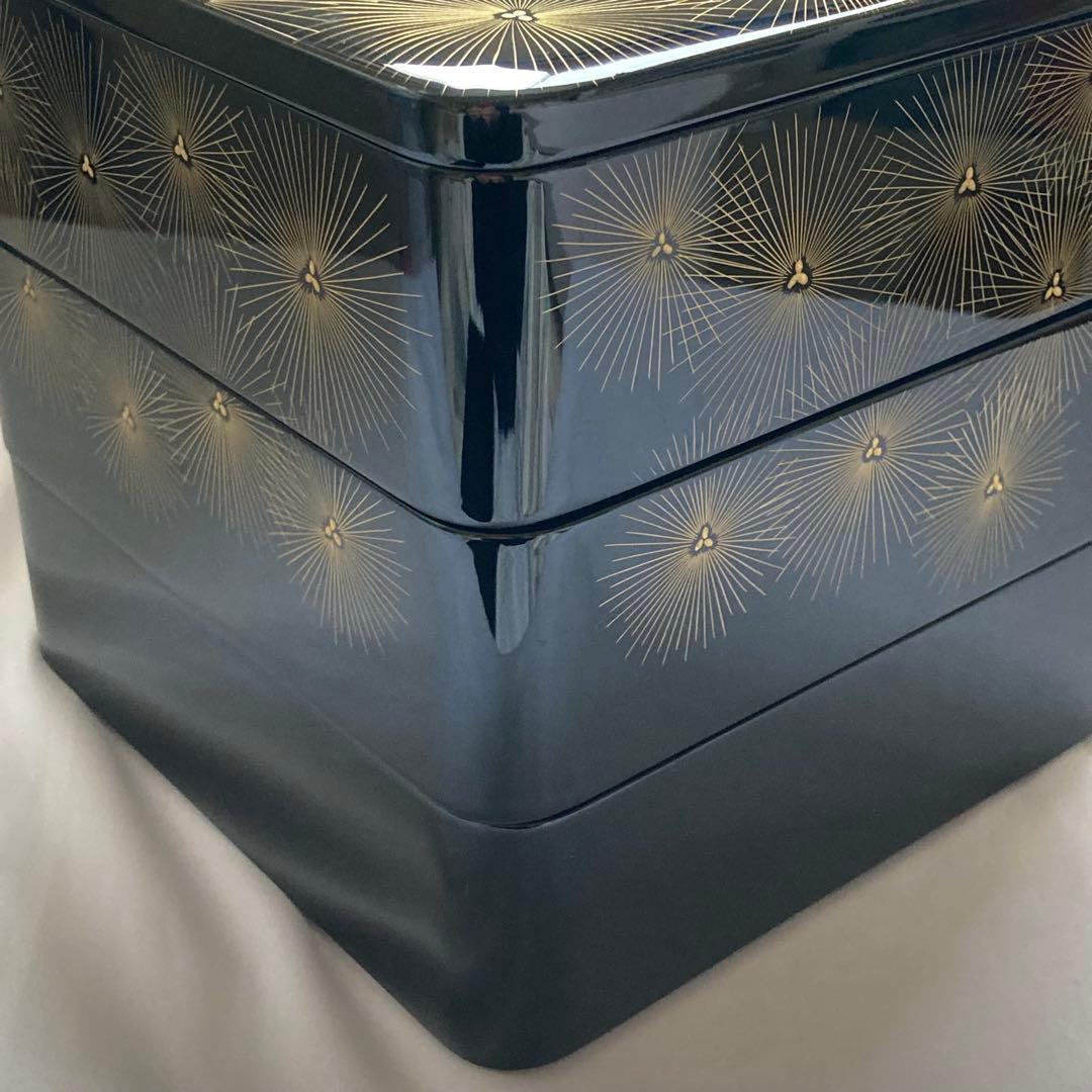 【未使用】輪島塗　唐松蒔絵　三段重　台付き