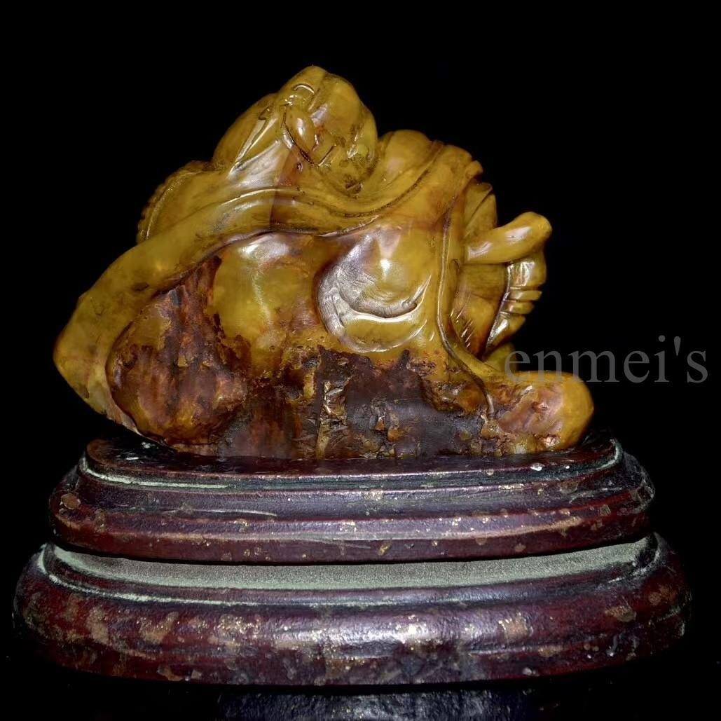 寿山石 田黄石 亀形彫刻 古印材 丁亥年作 竹唐刻 木箱付