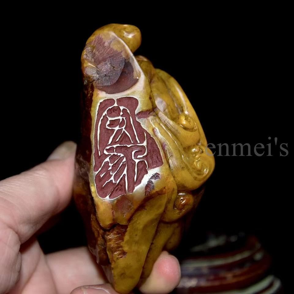 寿山石 田黄石 亀形彫刻 古印材 丁亥年作 竹唐刻 木箱付