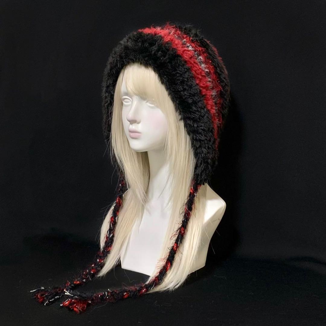 ボンネット バラクラバ ニット帽 ハンドメイド 編み物 赤 黒 - メルカリ