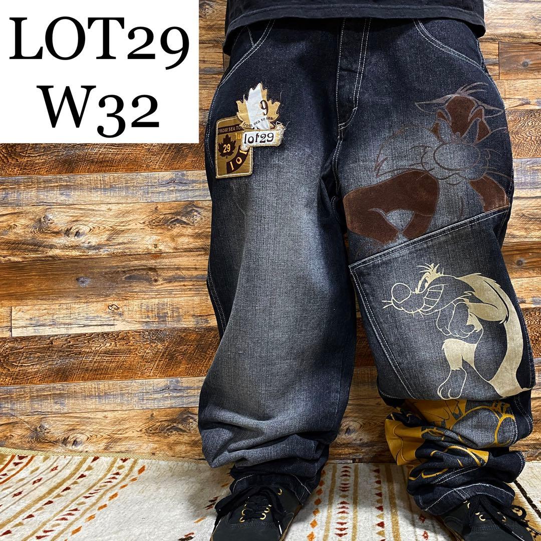 lot29ブラックデニムジーンズバギーパンツストリートw32刺繍黒y2kb系