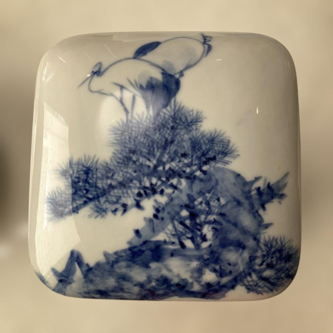 手描 染付 陶器重箱 松竹梅 鶴 四段重 骨董 レトロ 瀬戸焼 庄平窯 山田