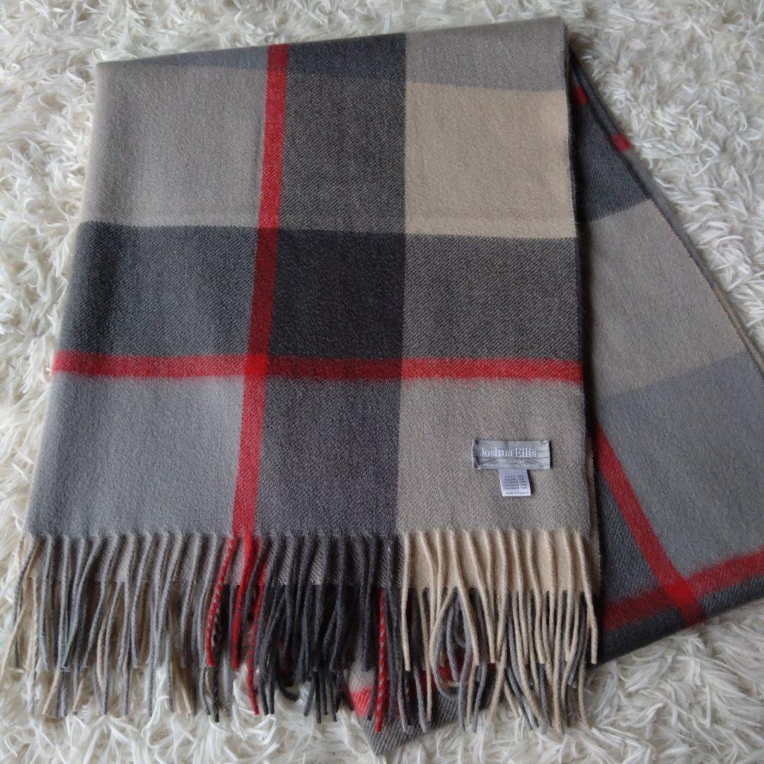 ジョシュアエリス 大判 チェック　　カシミヤ100%　グレー系✕レッド系
