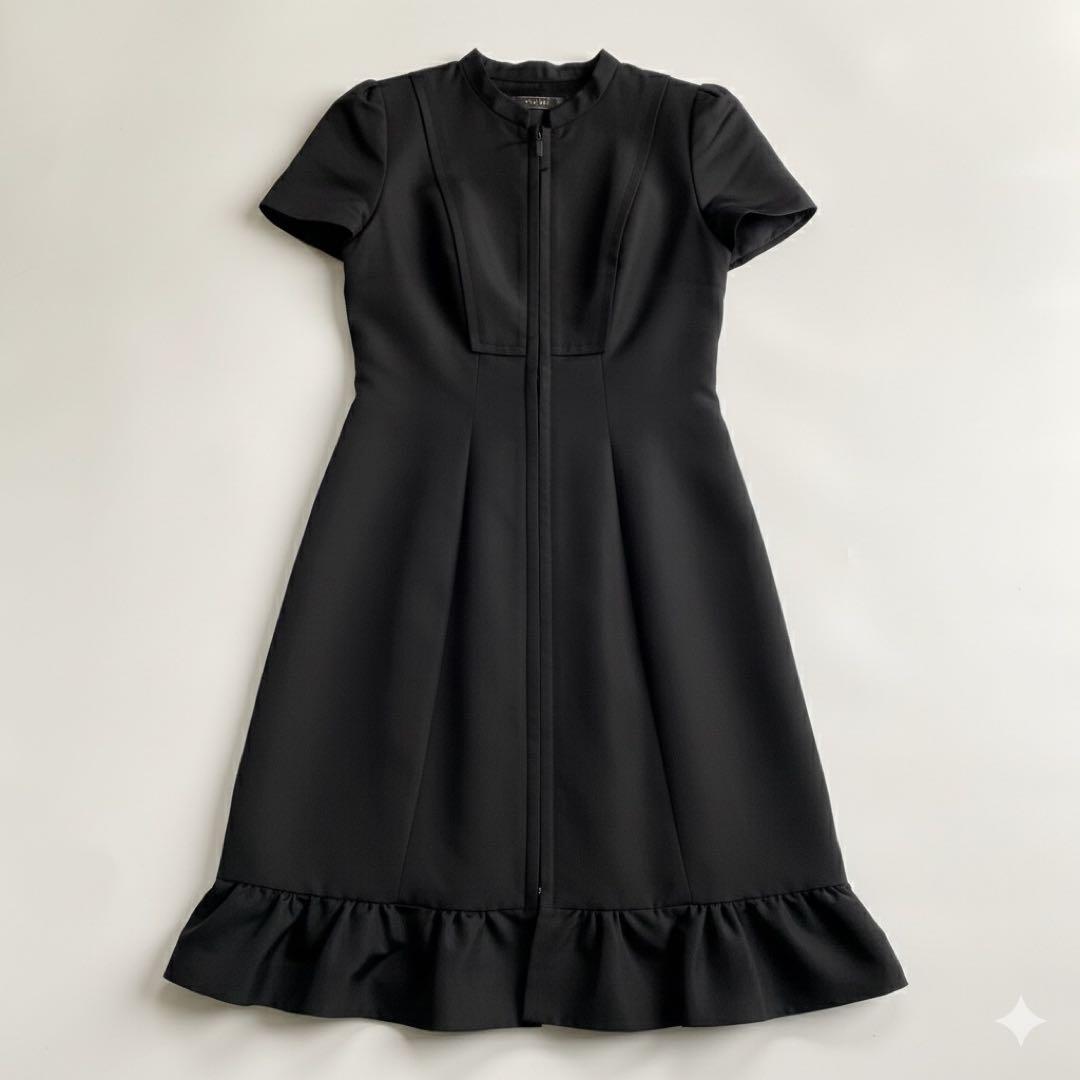 FOXEY ブラック シルク フロントジップ フリル ワンピース ブラック