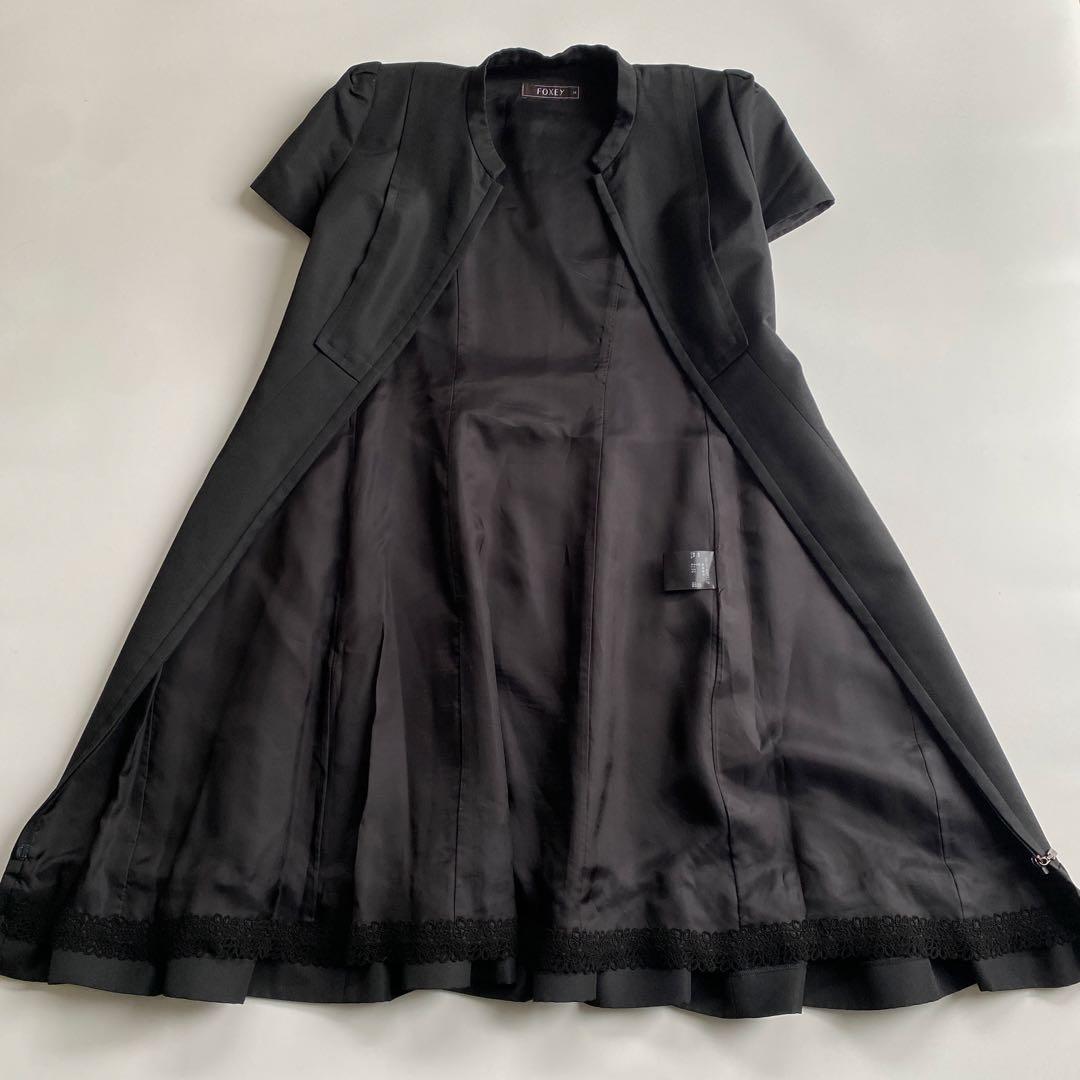 FOXEY ブラック シルク フロントジップ フリル ワンピース ブラック