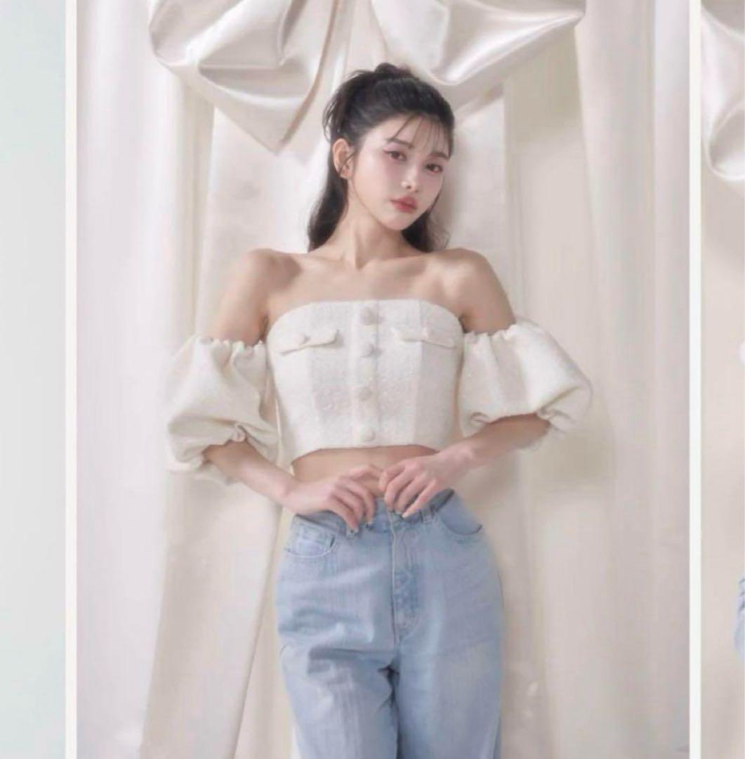 Darich パフスリーブオフショルツイードトップス