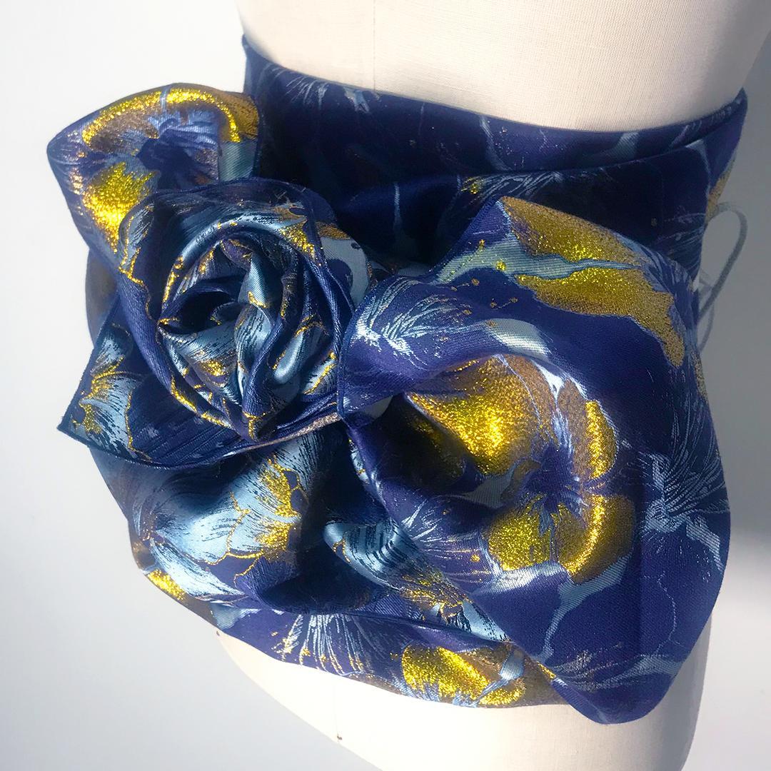 大人の兵児帯 兵児帯 浴衣帯 青い 金色 花 着物 帯 光沢 ジャガード