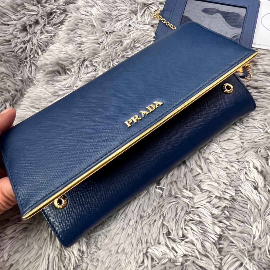 極美品✨PRADA サフィアーノ　メタルバー　メタルロゴ　2点セット　ネイビー