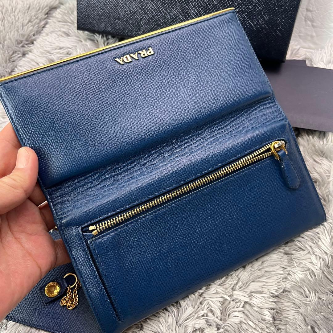 極美品✨PRADA サフィアーノ　メタルバー　メタルロゴ　2点セット　ネイビー