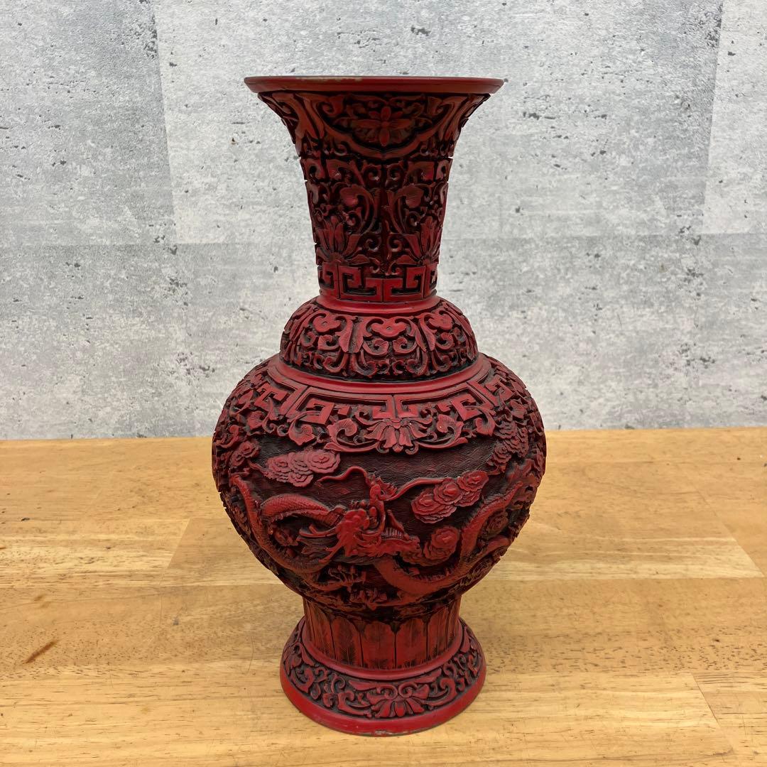 中国美術工芸品 骨董品 堆朱 龍 竜 花 彫刻 赤壺 壺 飾り壺 花器 花瓶