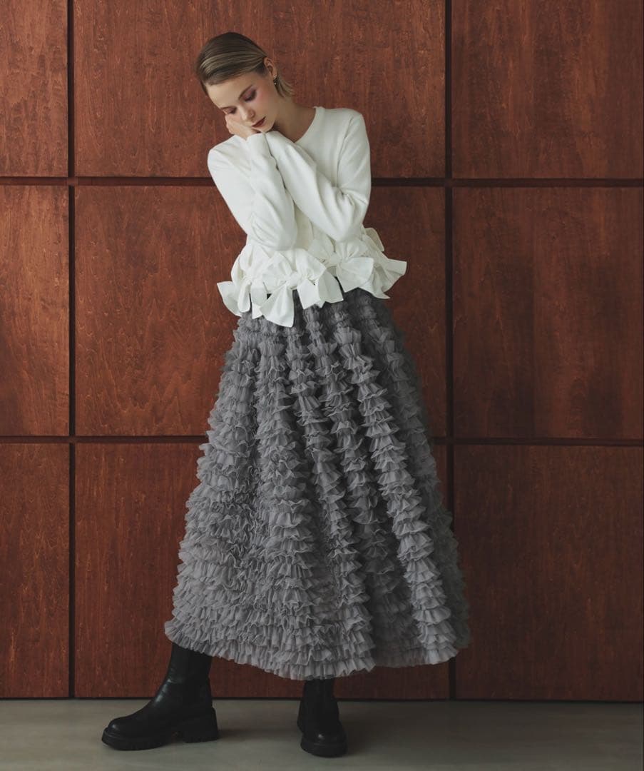 Merakiチュールフレアスカート グレー　もこもこスカート