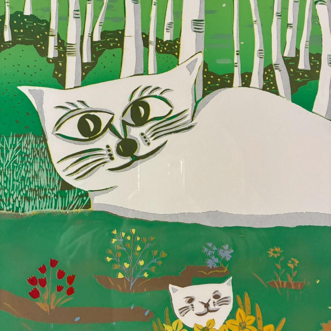 美品 リトグラフ 版画作品 白樺林と白猫 お洒落な額装 インテリア ネコ 可愛い