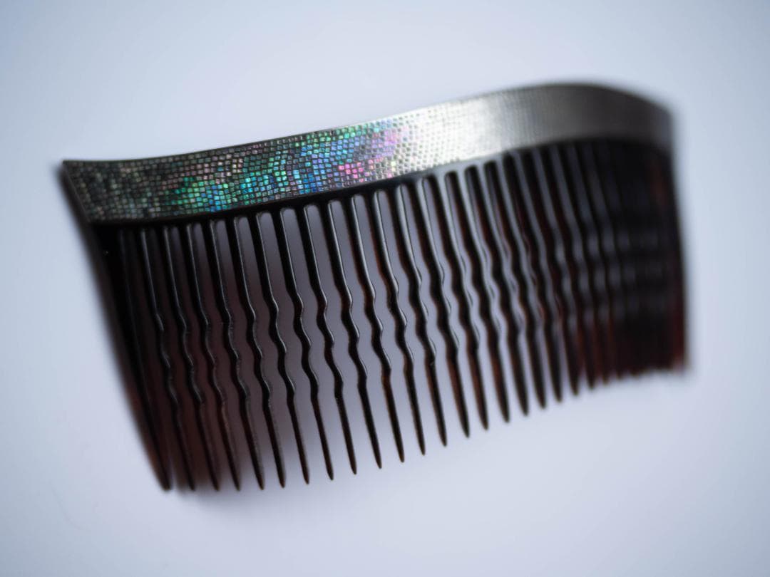 鼈甲螺鈿櫛笄 大正アンティーク 鼈甲 櫛笄 黒漆螺鈿細工 金細工髪