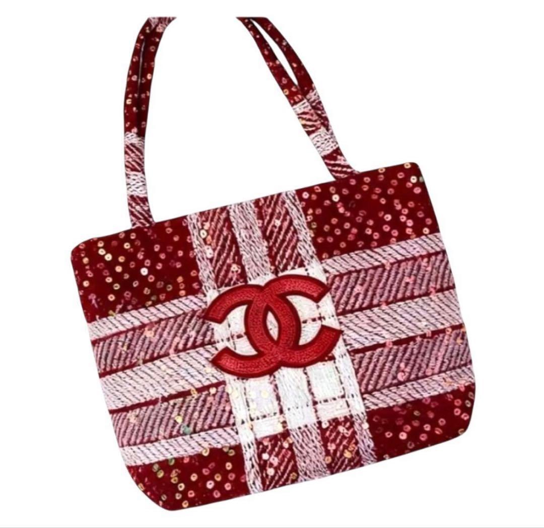 CHANEL ツイード 赤 スパンコール トートバッグ ノベルティ - メルカリ
