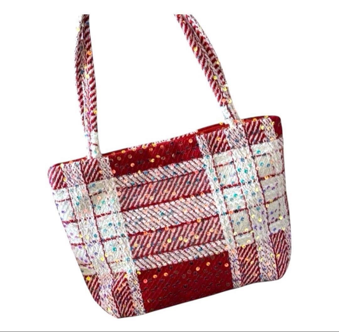 CHANEL ツイード 赤 スパンコール トートバッグ ノベルティ - メルカリ