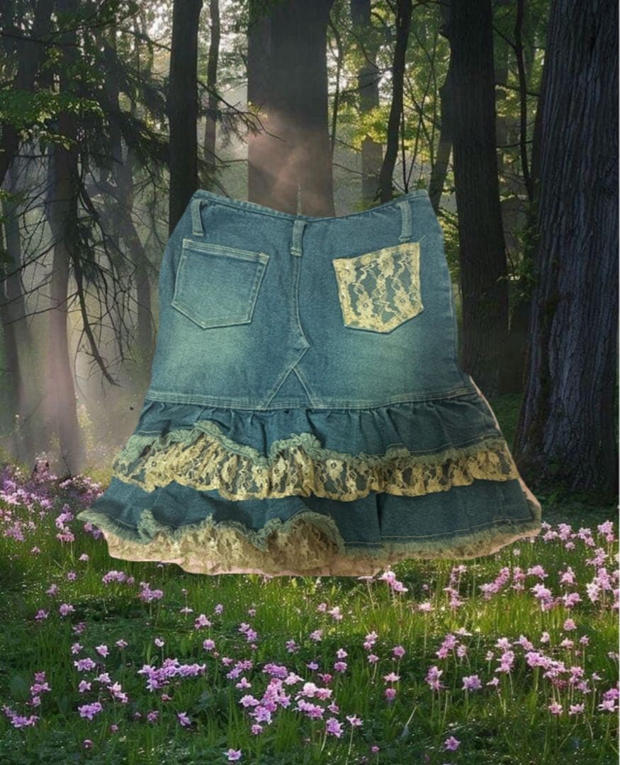 森ガール フェアリーグランジ 00s デニムフリルレーススカート