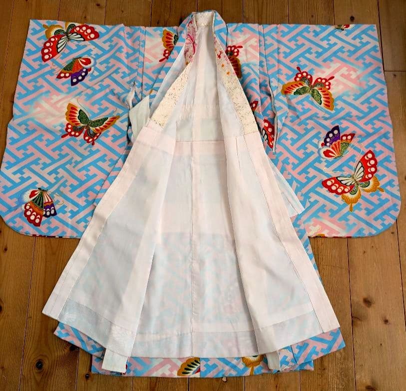 【専用】七五三　アンティーク着物　桜ピンク地水色紗綾柄/セミアンティーク産着被布