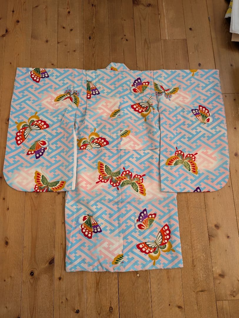 【専用】七五三　アンティーク着物　桜ピンク地水色紗綾柄/セミアンティーク産着被布