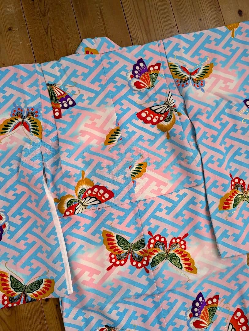 【専用】七五三　アンティーク着物　桜ピンク地水色紗綾柄/セミアンティーク産着被布