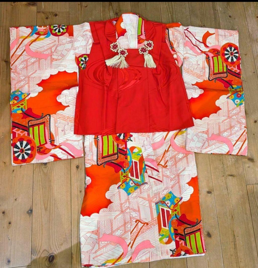 【専用】七五三　アンティーク着物　桜ピンク地水色紗綾柄/セミアンティーク産着被布