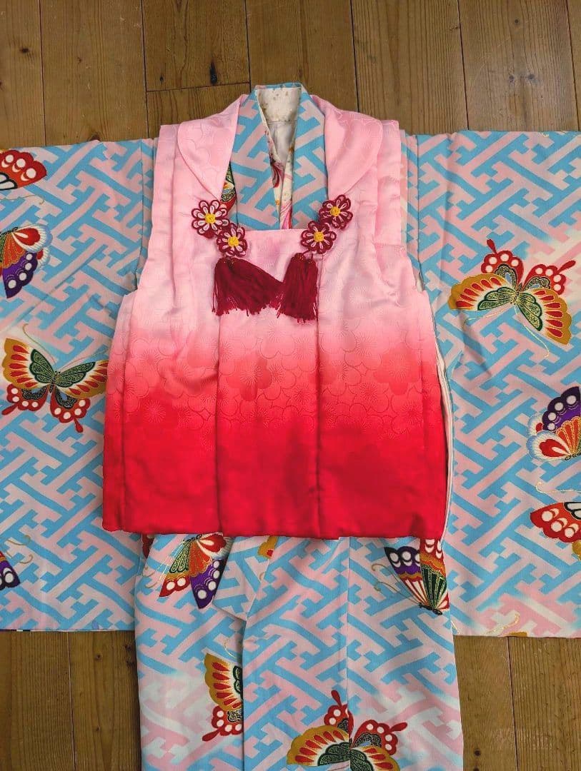 【専用】七五三　アンティーク着物　桜ピンク地水色紗綾柄/セミアンティーク産着被布