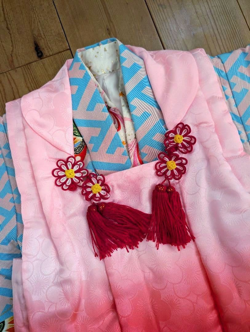 【専用】七五三　アンティーク着物　桜ピンク地水色紗綾柄/セミアンティーク産着被布