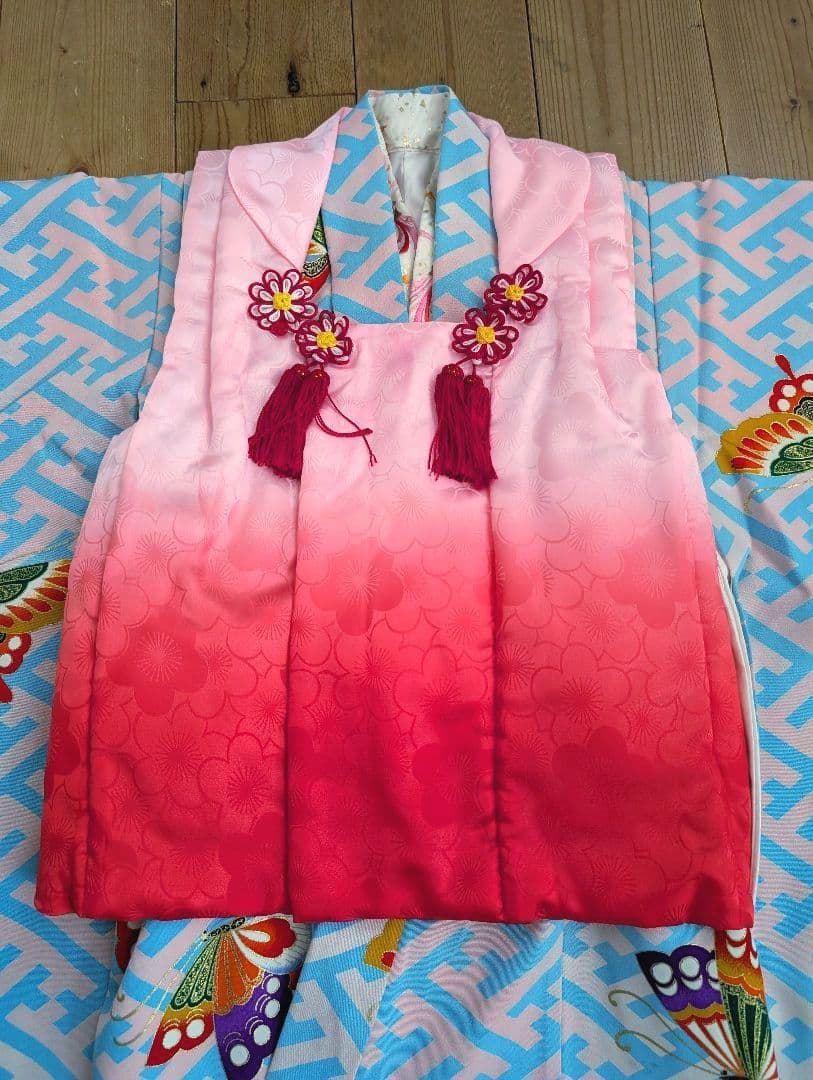 【専用】七五三　アンティーク着物　桜ピンク地水色紗綾柄/セミアンティーク産着被布