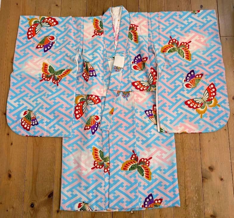 【専用】七五三　アンティーク着物　桜ピンク地水色紗綾柄/セミアンティーク産着被布