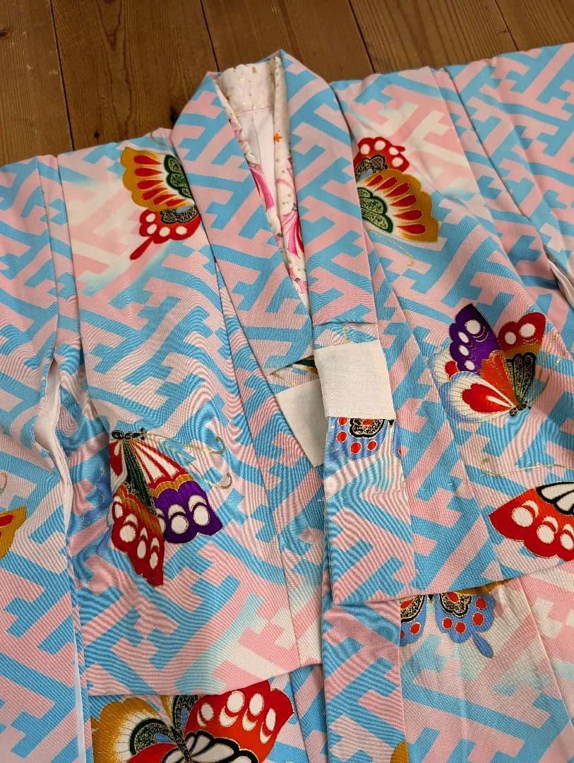 【専用】七五三　アンティーク着物　桜ピンク地水色紗綾柄/セミアンティーク産着被布