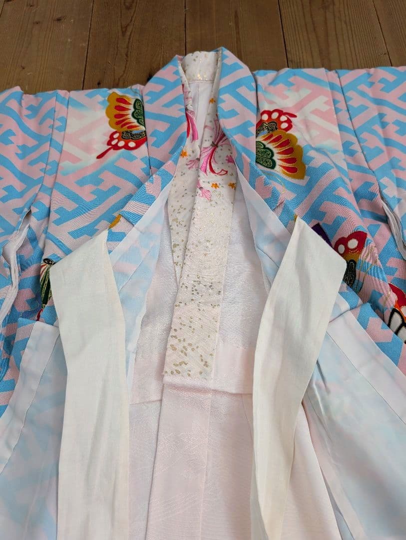 【専用】七五三　アンティーク着物　桜ピンク地水色紗綾柄/セミアンティーク産着被布