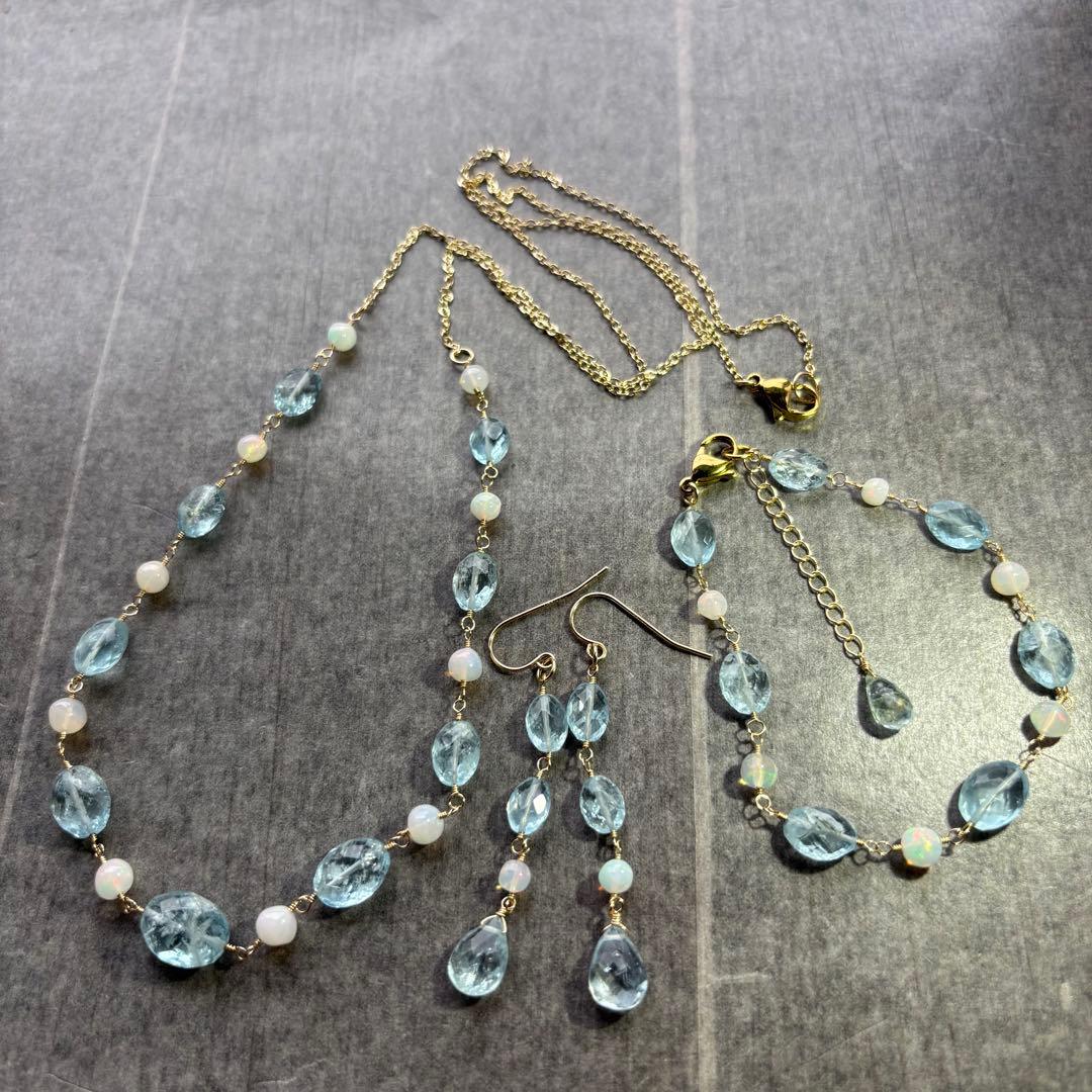 アクアマリン＆プレシャスオパール✴︎14kgfアクセサリー3点