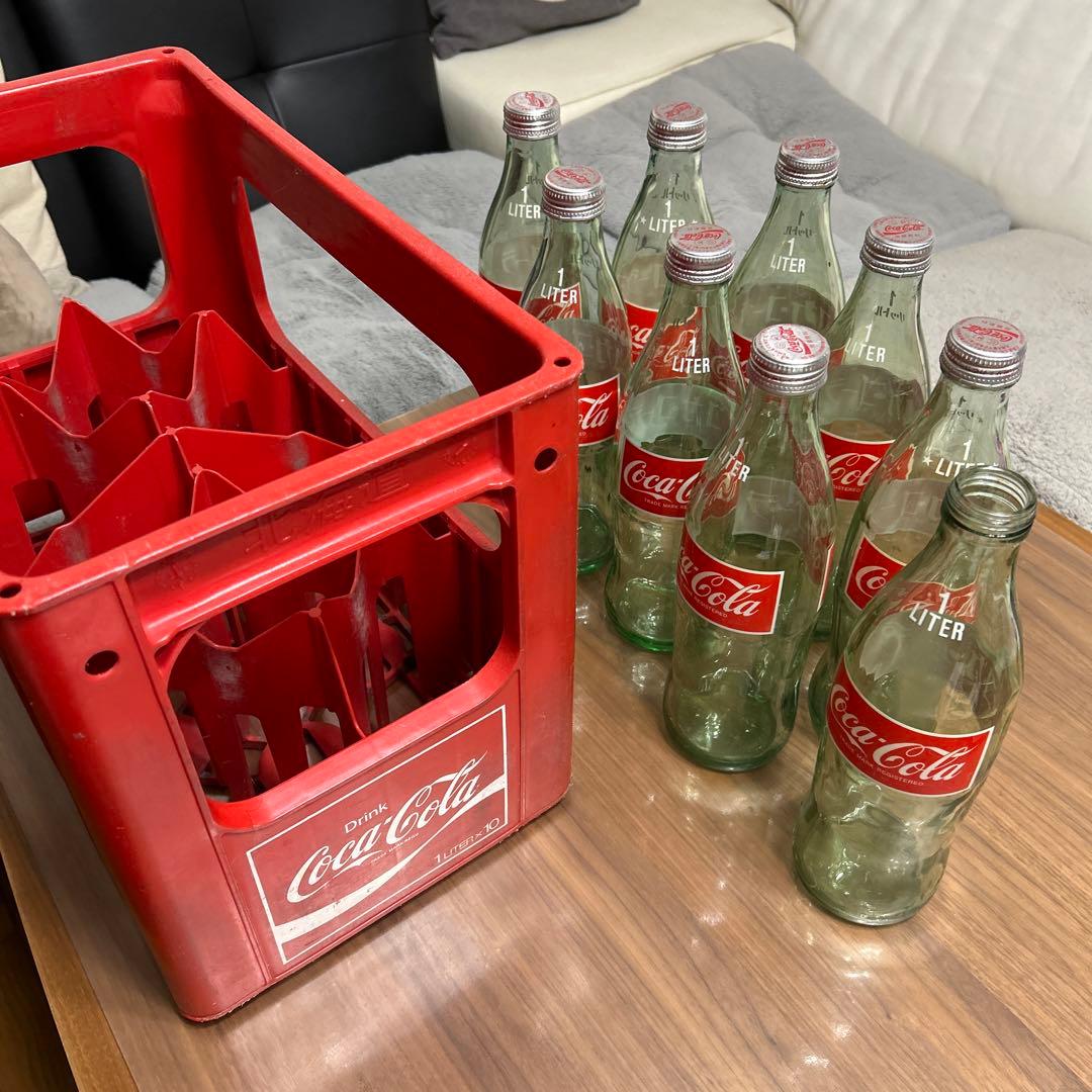 お値下げしました。レトロ コカ.コーラ1リットル瓶9本&プラケース