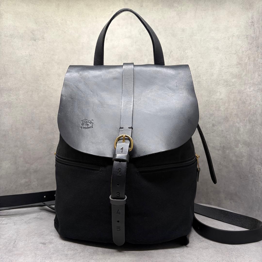 IL BISONTE イルビゾンテ キャンバス×レザー リュック ブラック
