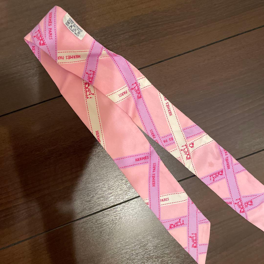 HERMES ピンク シルク スカーフ 40x4.5cm