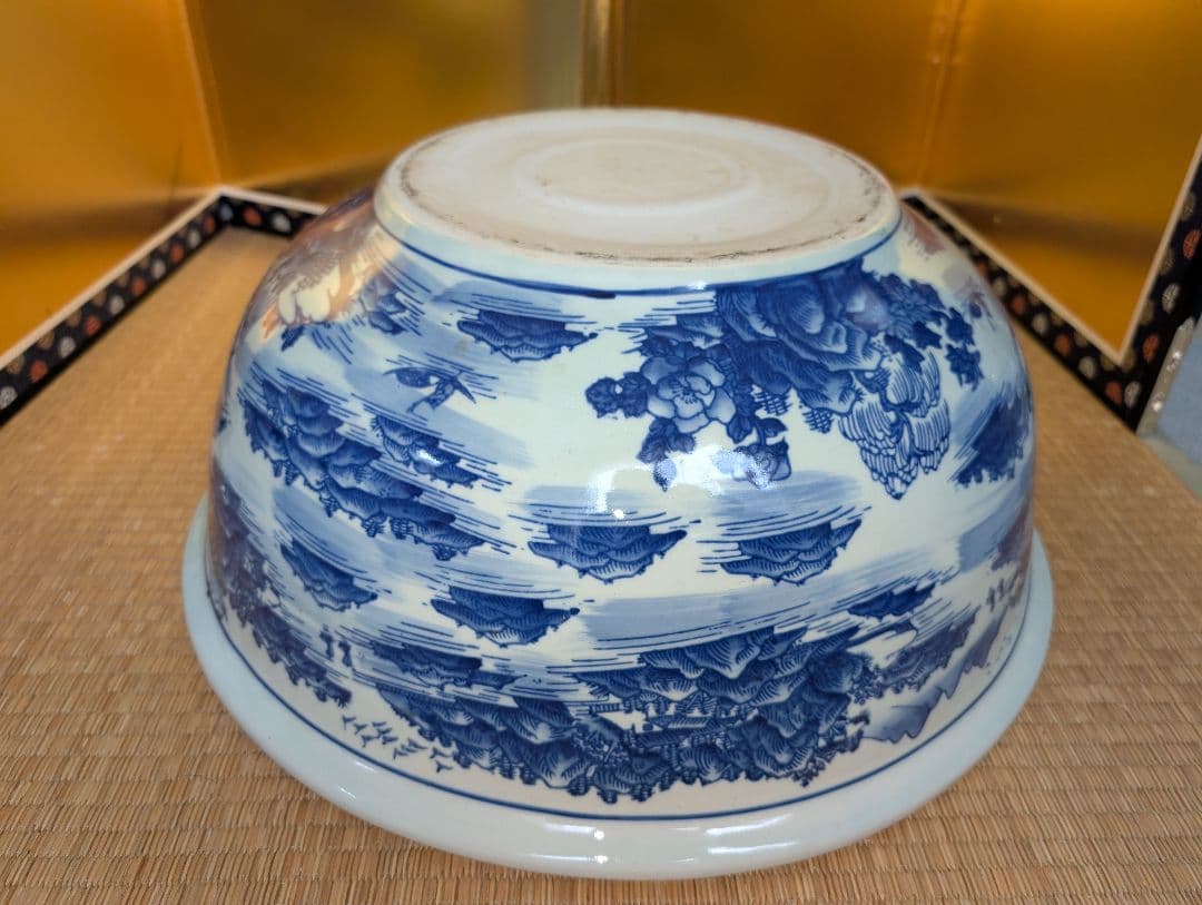 睡蓮鉢 金魚鉢 メダカ 水草 山水 染付 蛸唐草 大型 フラワー