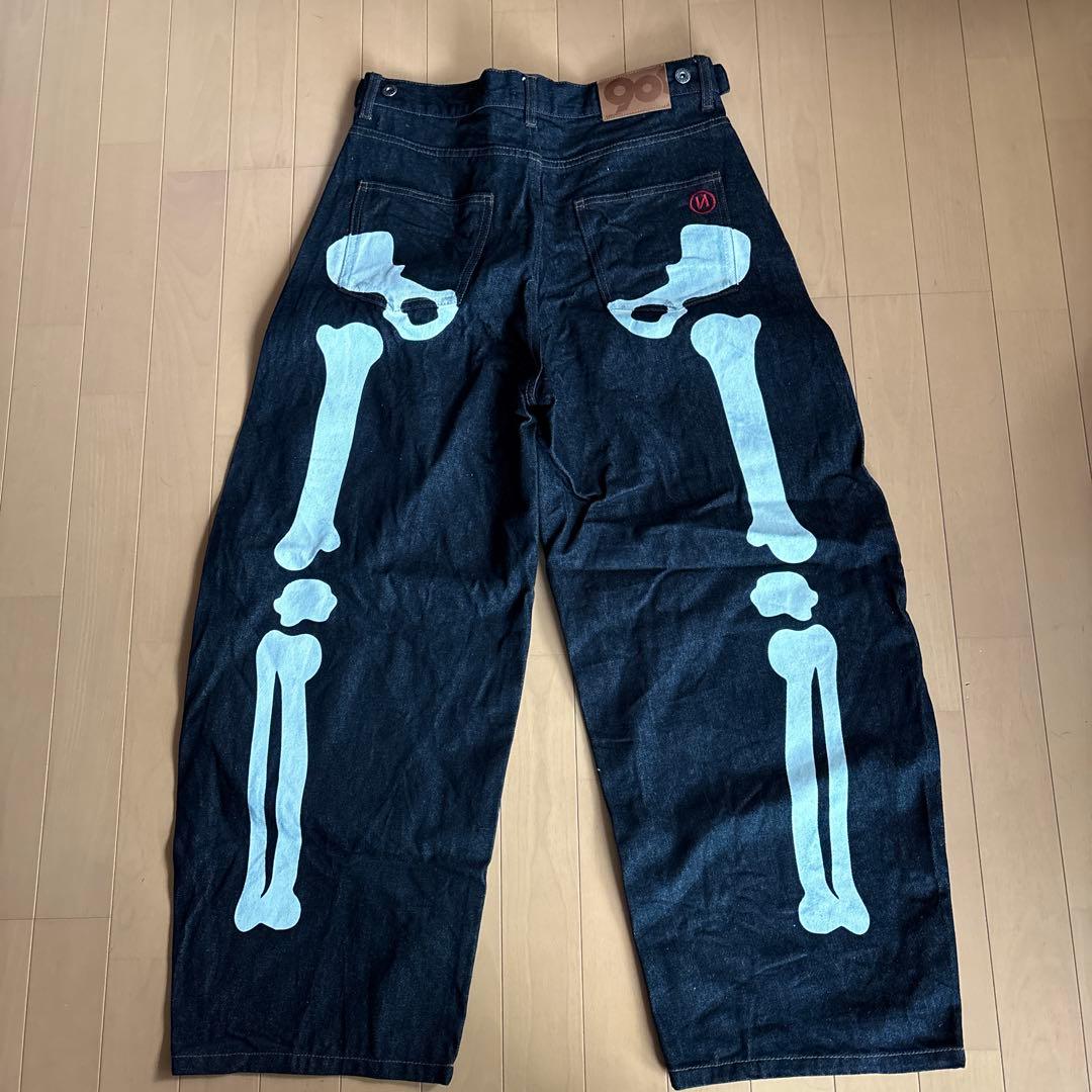 90s 骨プリント ダークブルーデニムパンツ