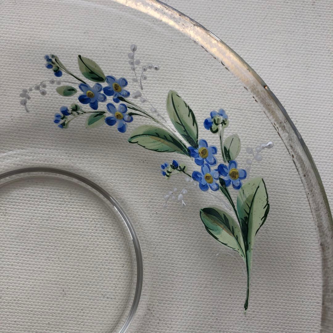 古いガラス皿　プレート　ソーサー　フランス　アンティーク　青い花　no.102