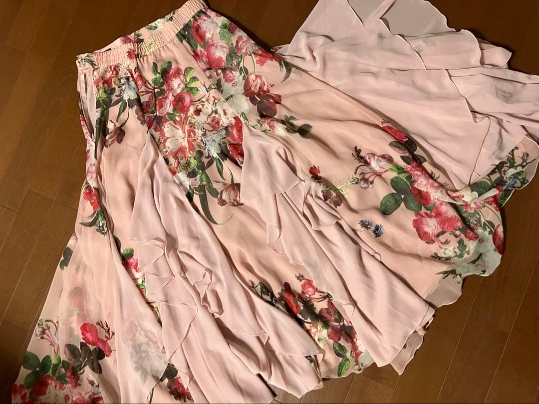 社交ダンス　 DANCE ピンクシフォン＆フリル　ロングスカート