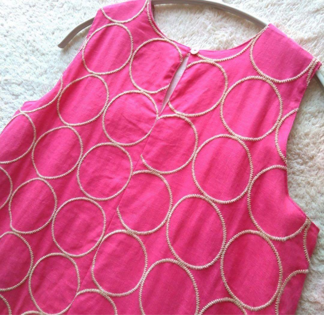 corallo】リネンピンクドット刺繍ノースリーブワンピース総柄