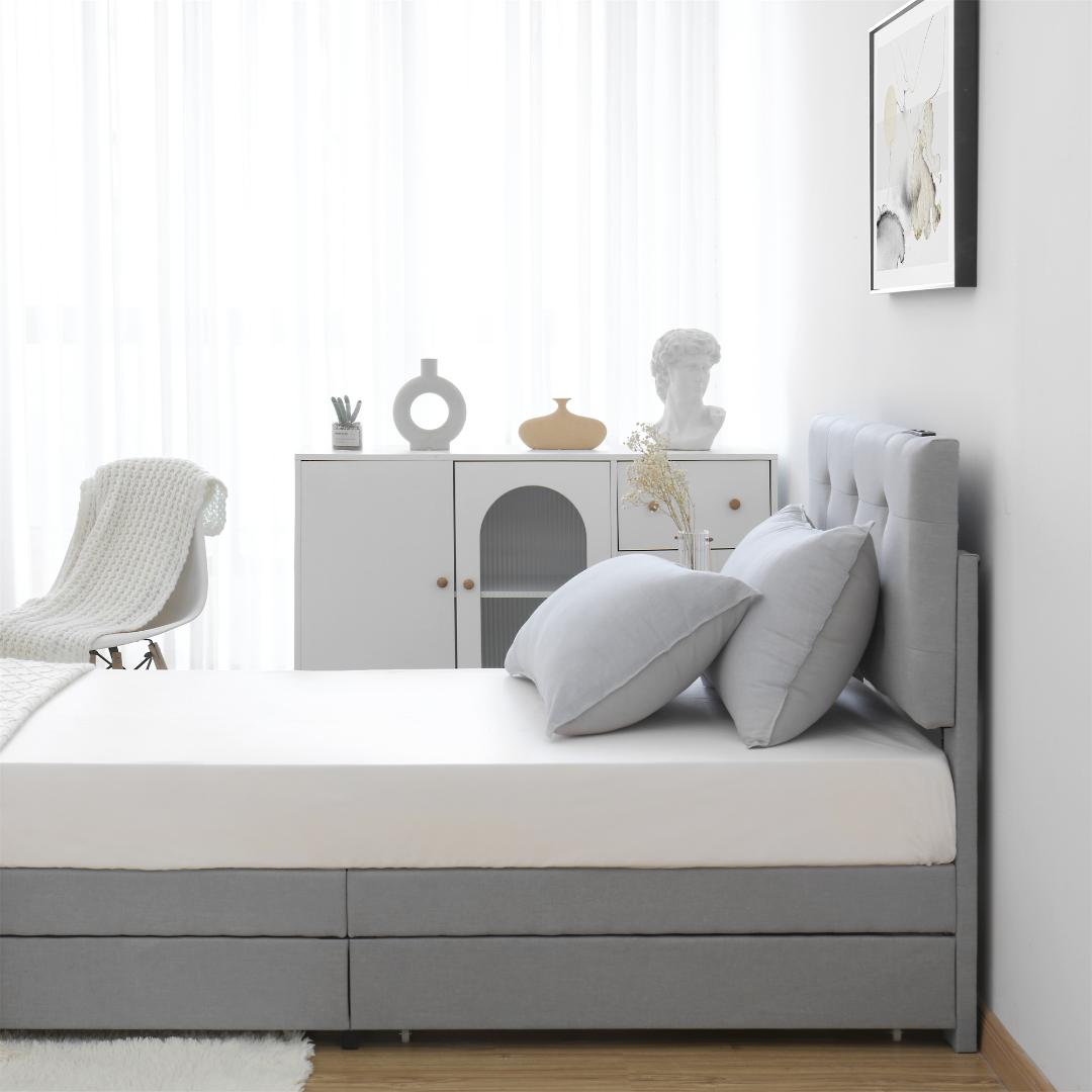 新品】ライトグレー SDシングルベッド 布貼り 引き出し付き 北欧風
