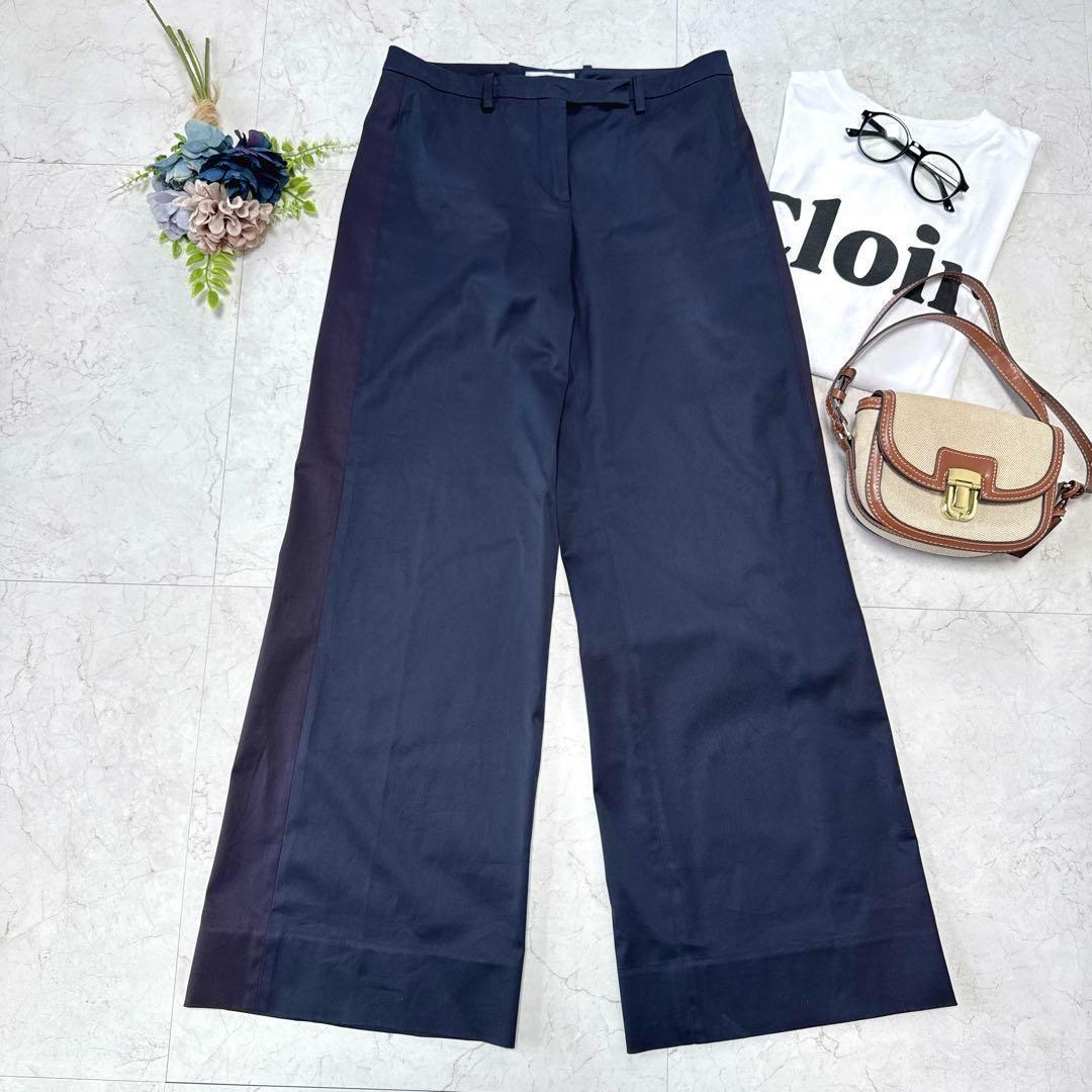CELINE サイドライン　ワイドストレートパンツ　バイカラー　ネイビー　38