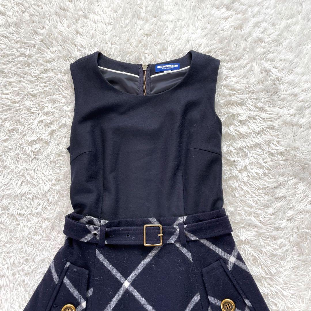 バーバリーブルーレーベル ウエストベルト ワンピース チェック ロゴ刻印ボタン