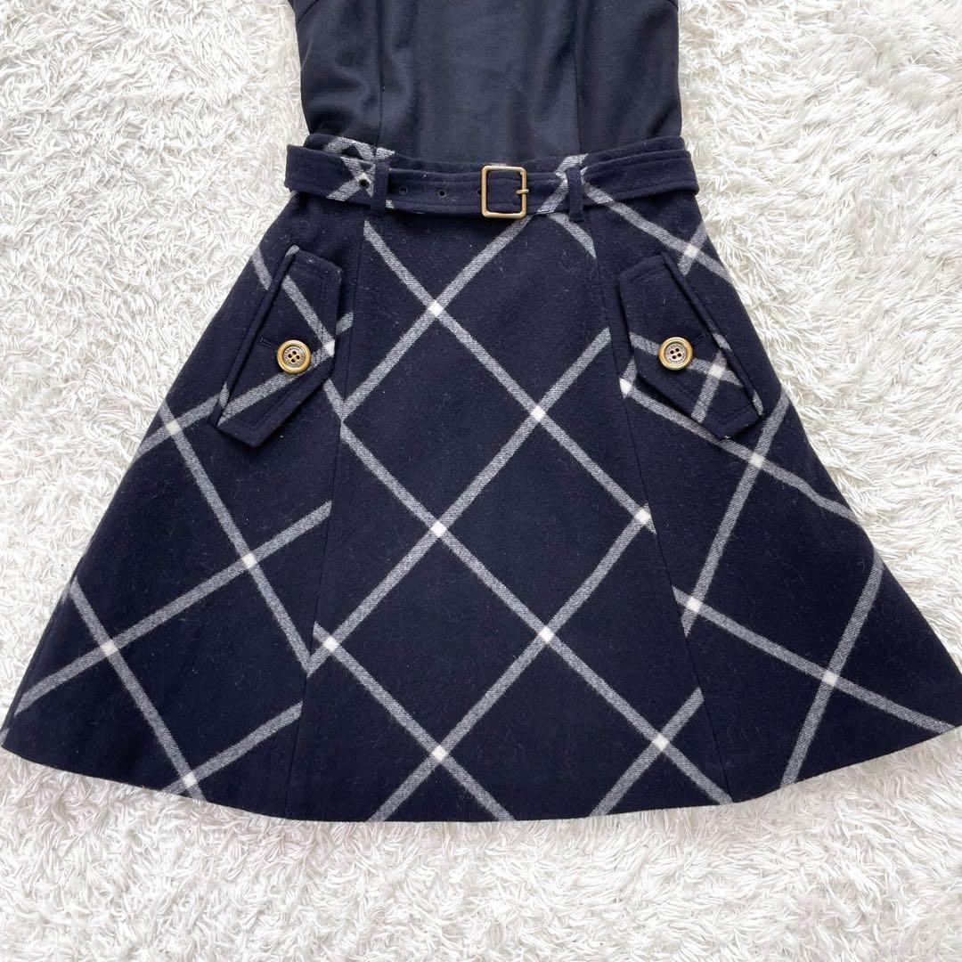 バーバリーブルーレーベル ウエストベルト ワンピース チェック ロゴ刻印ボタン