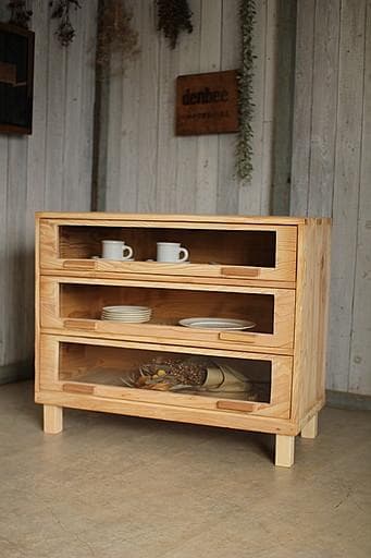 前面ガラスの木製引き出し3段 食器棚 収納棚 シャツケース 古家具