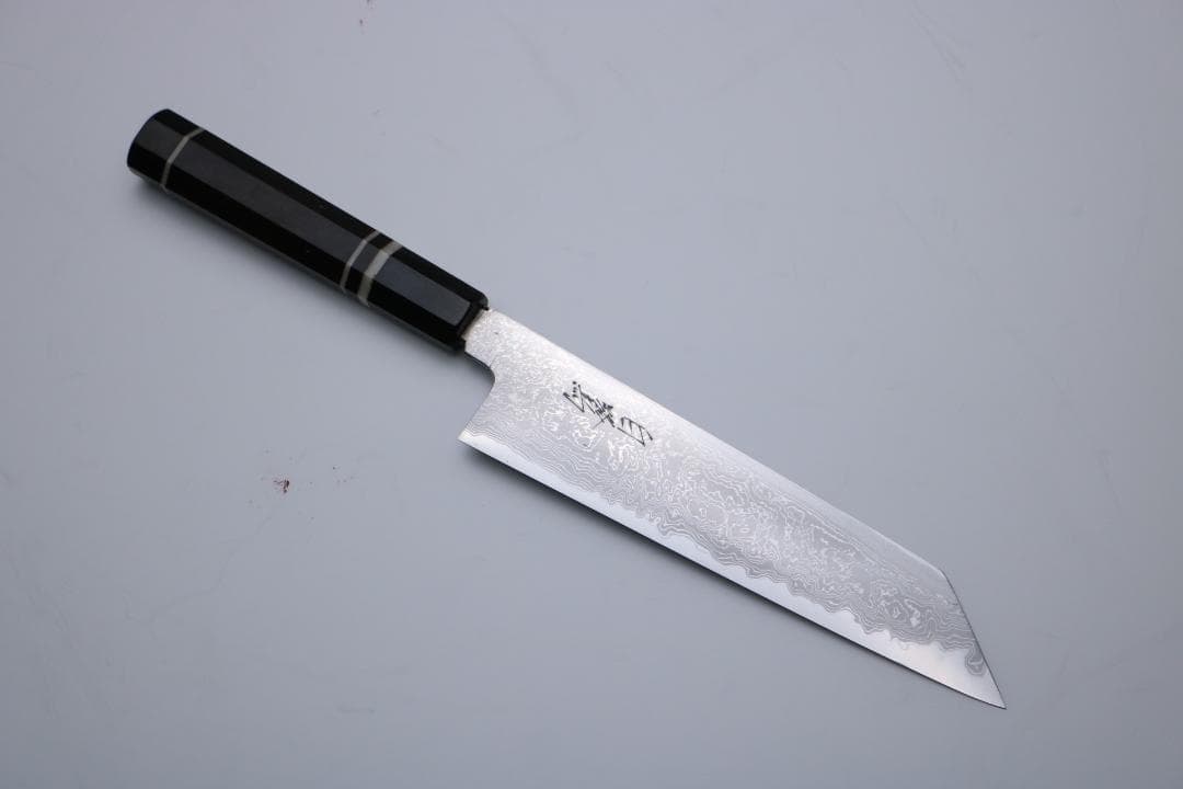 田中義一作 切付牛刀 和包丁 墨流 青一鋼 黒檀八角水牛 7寸 箱無し