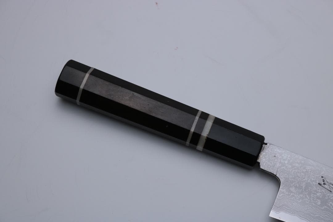 田中義一作 切付牛刀 和包丁 墨流 青一鋼 黒檀八角水牛 7寸 箱無し