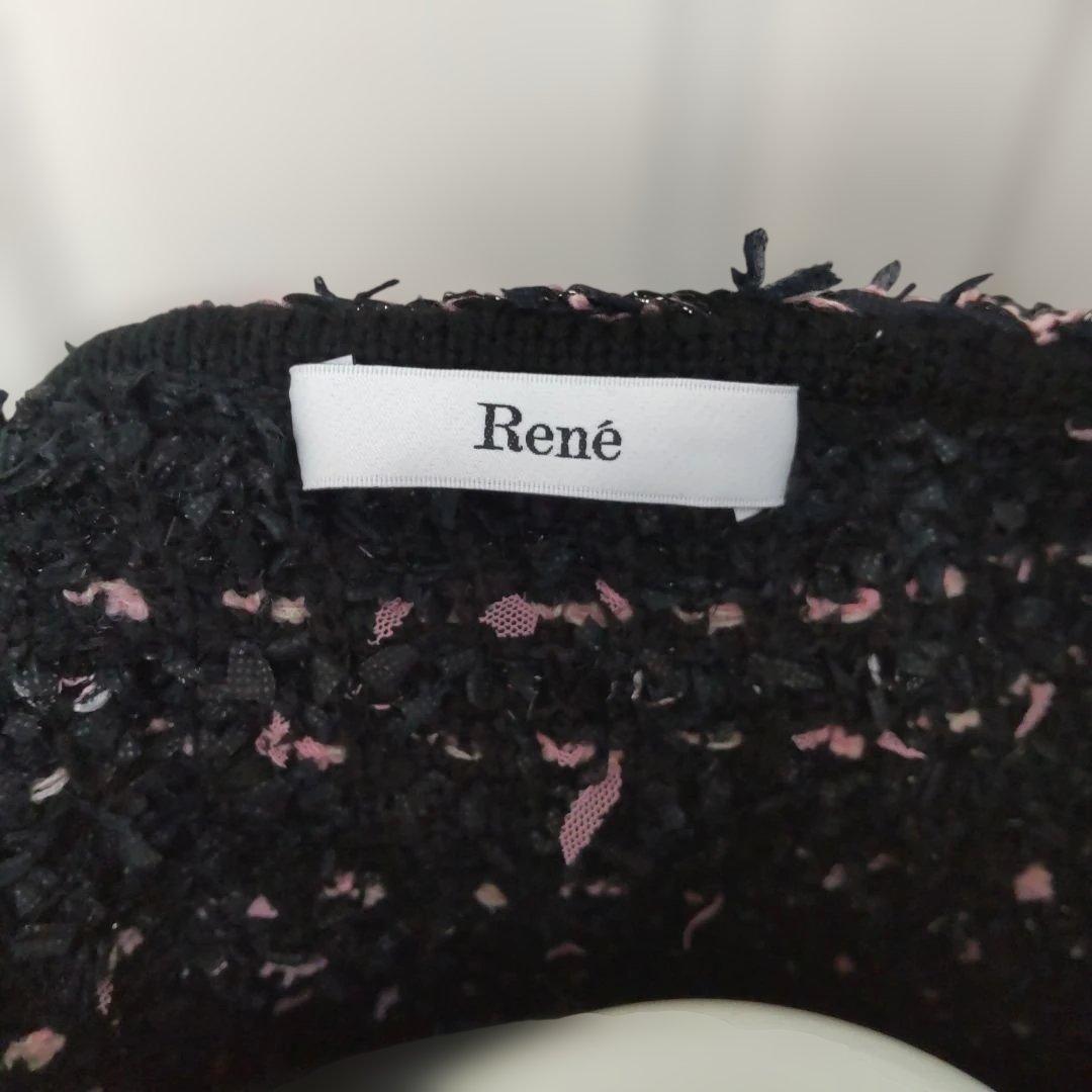 Rene ノースリーブツィードニットワンピース 黒とピンクツイード 34